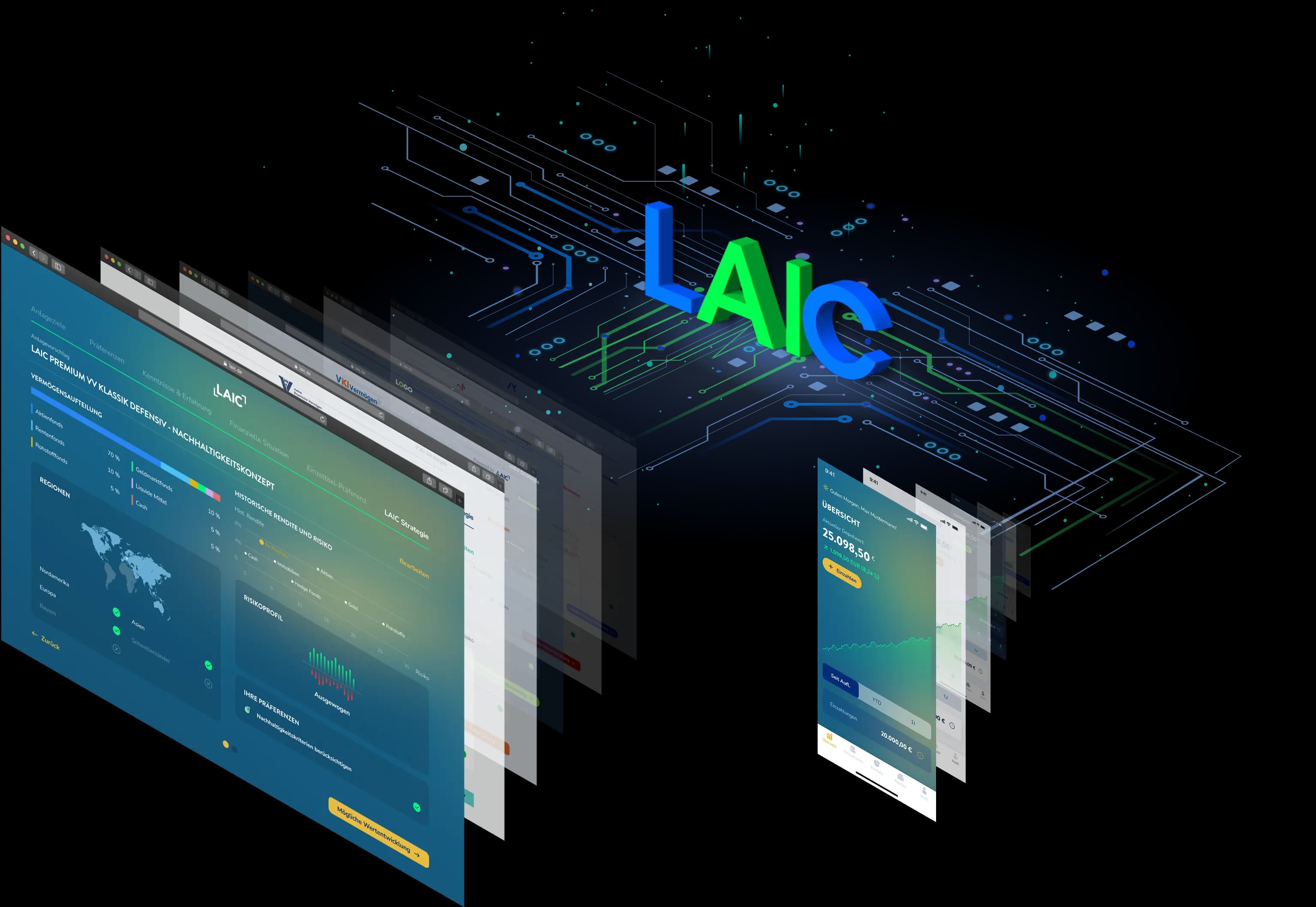 Eine grafische Darstellung unterschiedlicher  Vermögensverwaltungslösungen im Desktop- und Mobil-Design, welche von LAIC für White Label Partner bereitgestellt werden können.