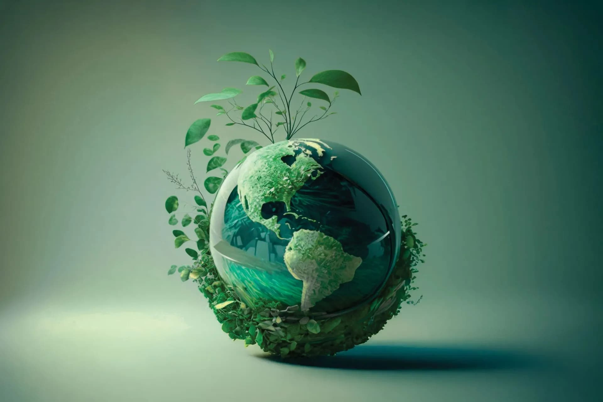 Gläserne Erdkugel mit grünen Kontinenten, umgeben von Blättern und Pflanzen, symbolisiert Nachhaltigkeit und Umweltschutz.