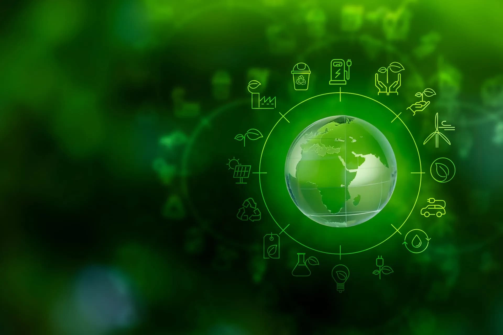 Grüne Erdkugel mit Symbolen für erneuerbare Energien, Recycling und Nachhaltigkeit, steht für ökologische Investitionen und Umwelttechnologien.